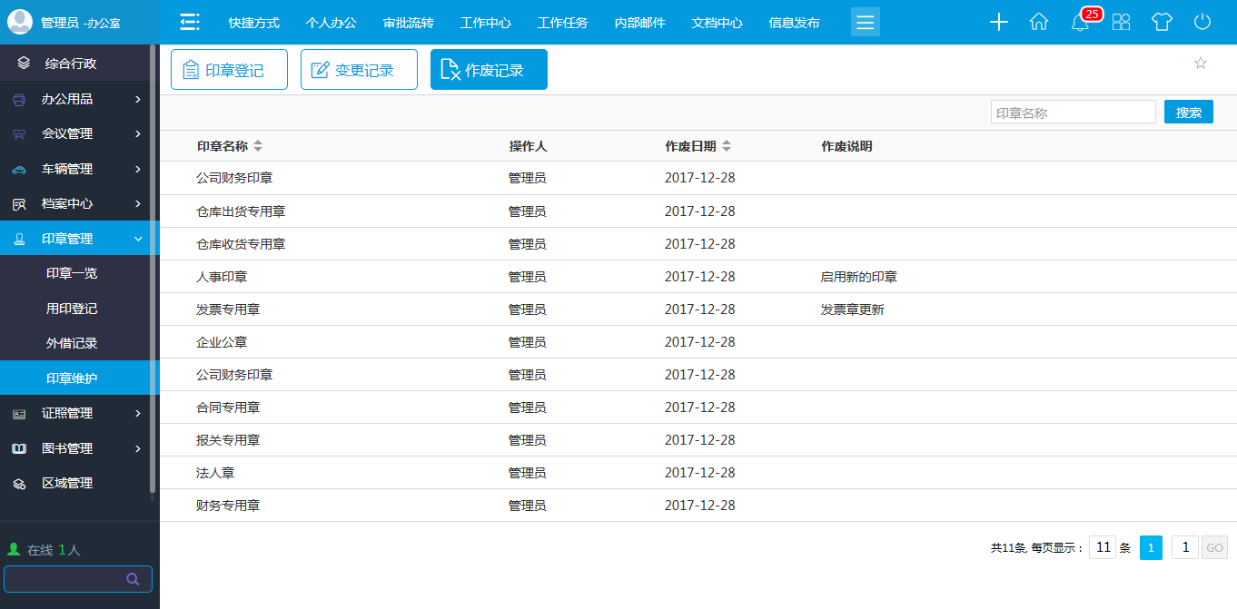 oa印章維護-進行新建、修改、作廢等維護操作